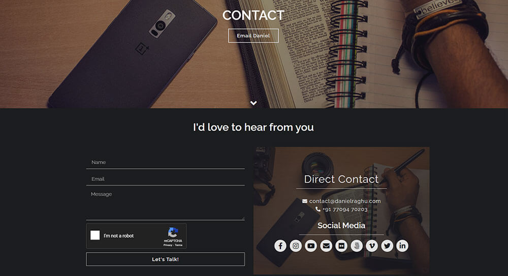 Contact page designed for Daniel Raghu's photography and film portfolio and blog