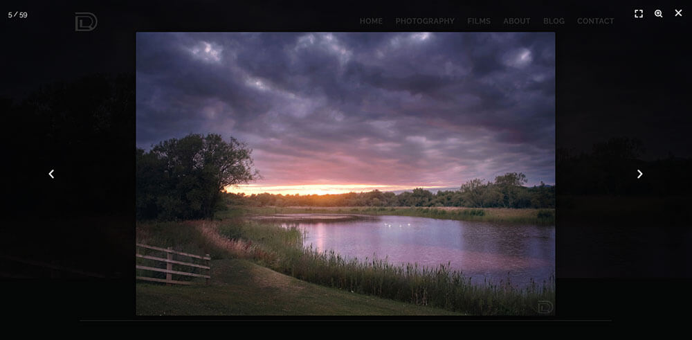 Responsive lightbox designed for Daniel Raghu's photography and film portfolio and blog