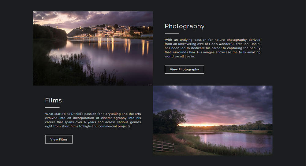 Services showcase designed for Daniel Raghu's photography and film portfolio and blog