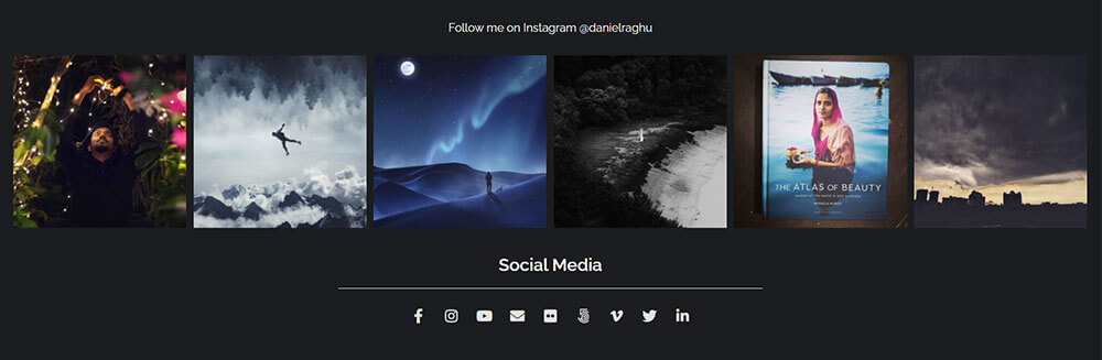 Social media icons and an embedded Instagram feed designed for Daniel Raghu's photography and film portfolio and blog