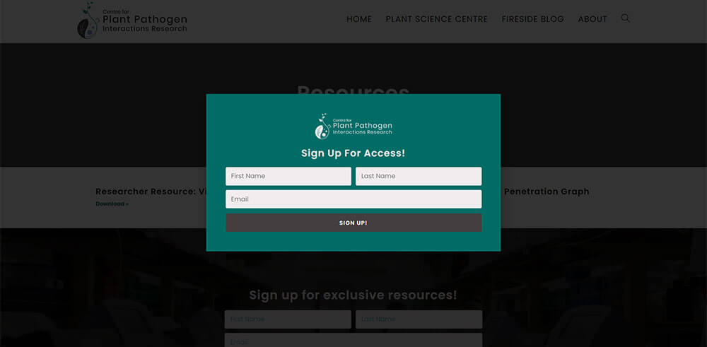 Signup gateway designed for The Plant Science Centre